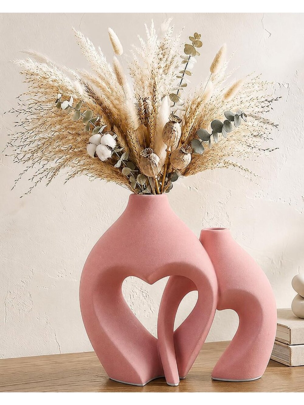 Pink Ceramic Flower Vase Set of 2 Home Table Centerpiece Decor Heart Shaped